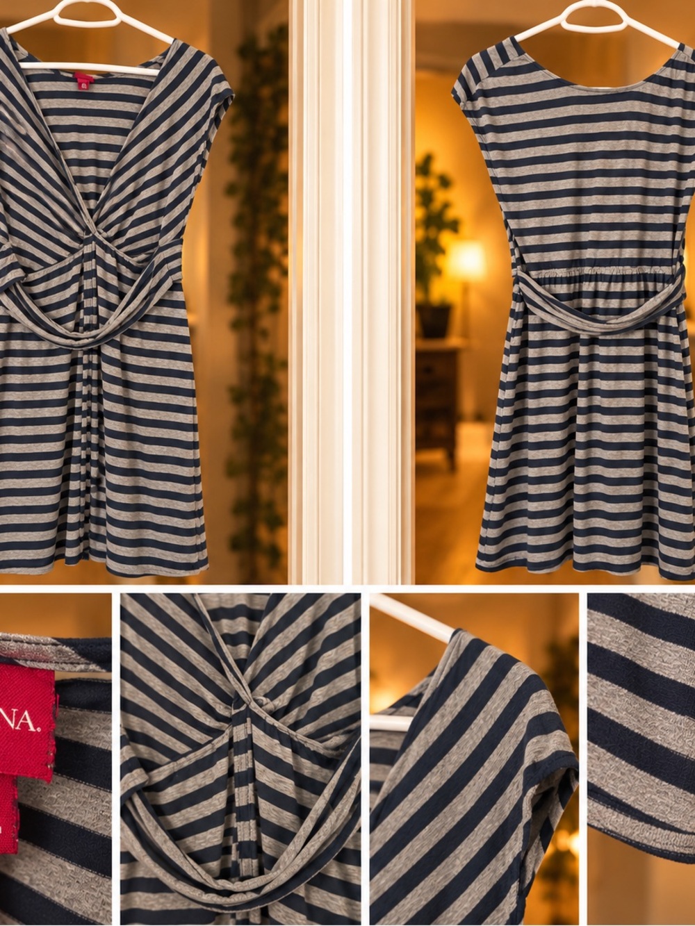 Merona Navy and Gray Striped Cap-Sleeve Knot-Front Dress